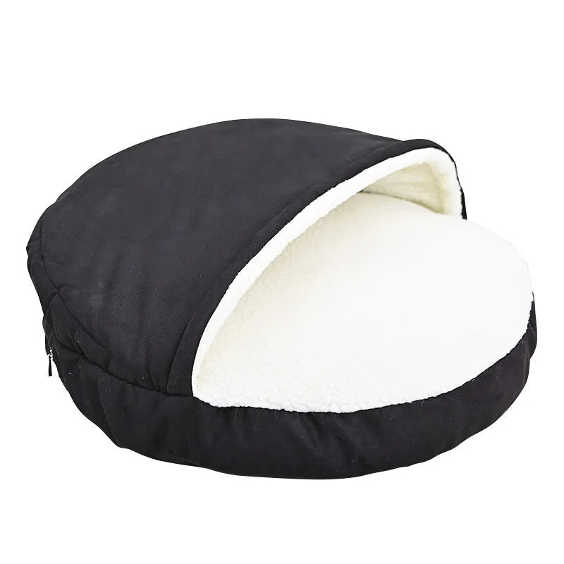 Brown removable cloth dog kennel bed shown next to a grey version, both in small and medium sizes.