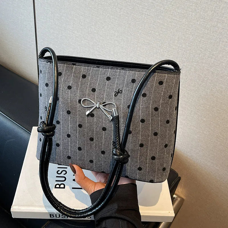 Canvas polka dot bow crossbody bag in PU with double shoulder straps horizontal square shape
