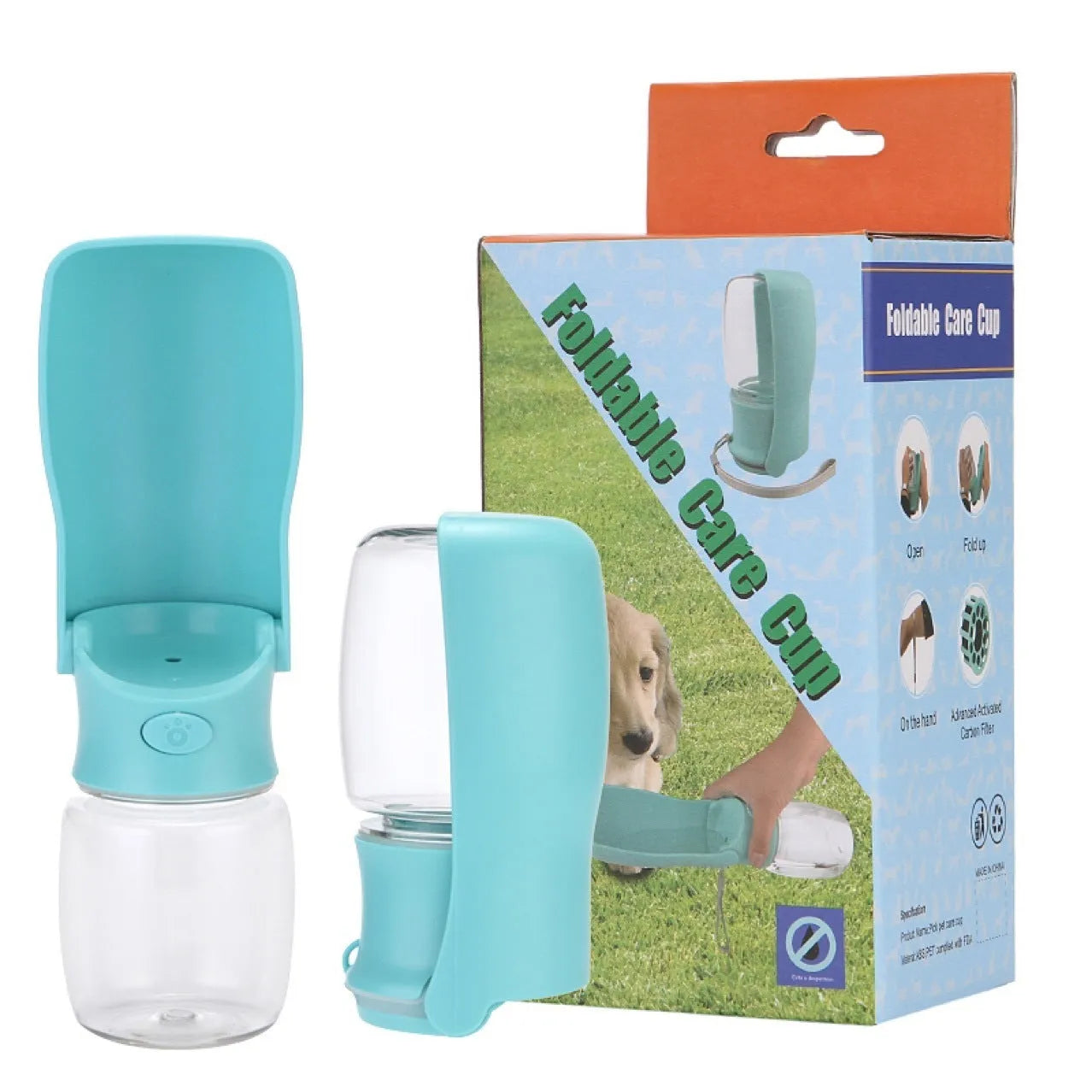 Foldable dog portable water bottle pet water dispenser in blue 350ml on white background