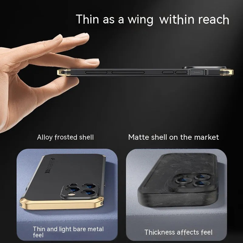 Three-section TPU metal frame protective phone cover for Apple iPhone 15, black and blue colour, frosted finish