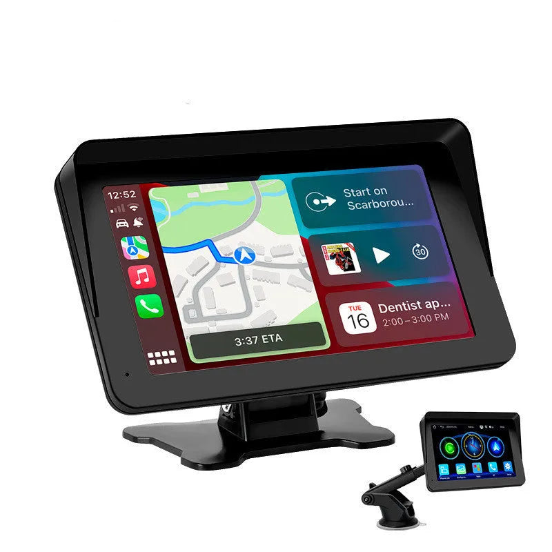 7-inch portable car MP5 player with wireless CarPlay, suction cup mount, and standard fisheye reversing camera