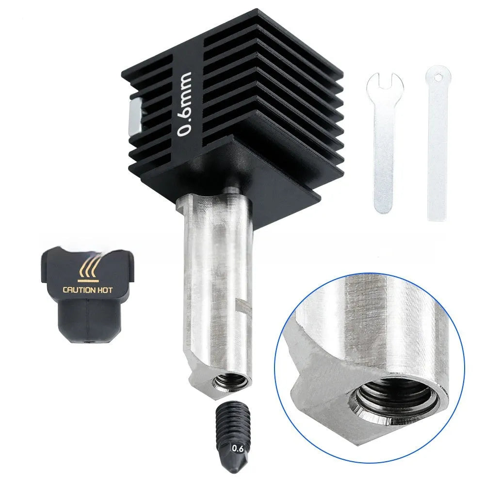 Hardened steel hot end and nozzle assembly for Bambu Lab A1 Mini 3D printer with silicone sleeve