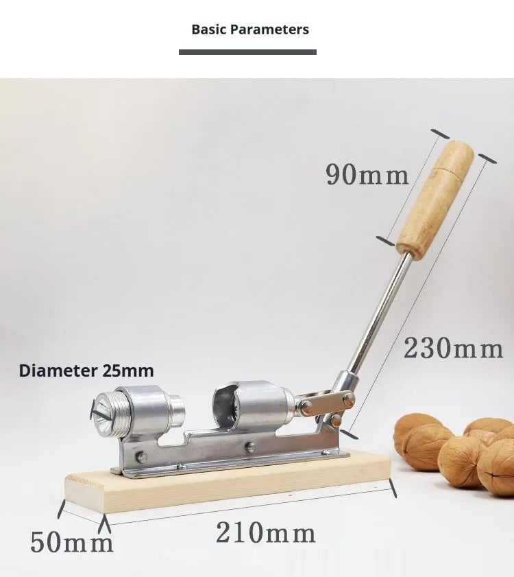 Mechanical walnut cracker with wood board and aluminium parts in irregular style