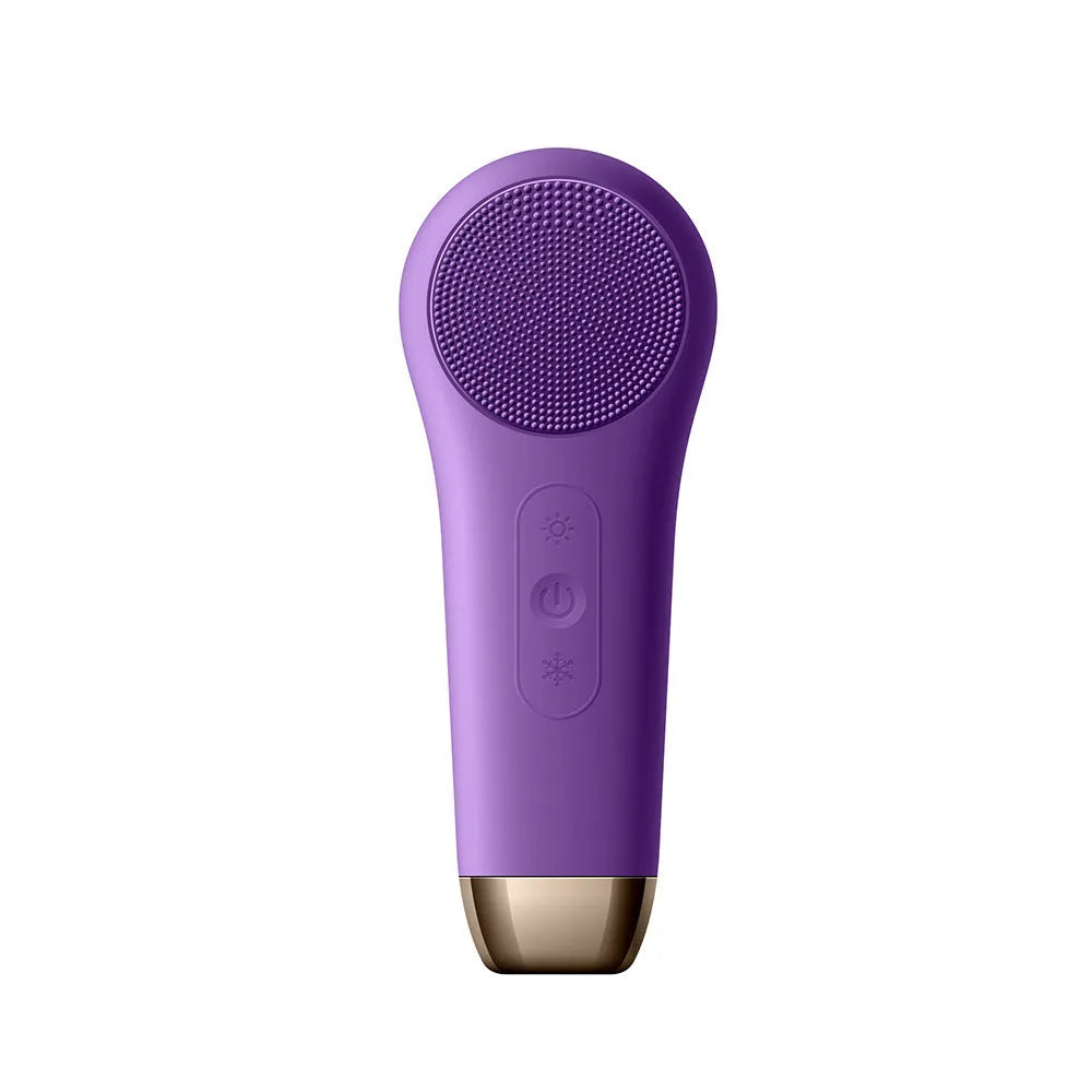 Silicone facial cleansing brush with ultrasonic vibration, 1500RPM cleaning, heat and ice modes, available in five colours.