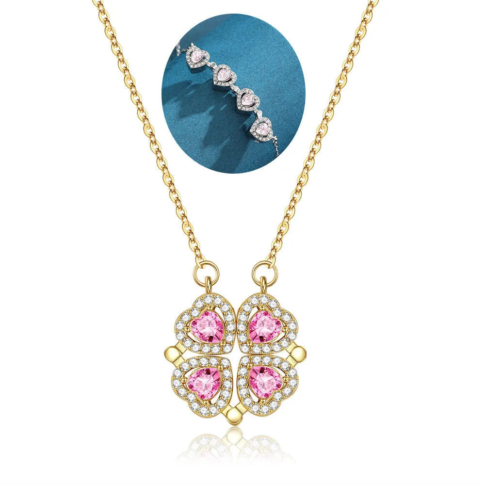 Four-leaf clover pendant necklace with micro inlay artificial gemstone, metal chain, K Gold Pink colour option