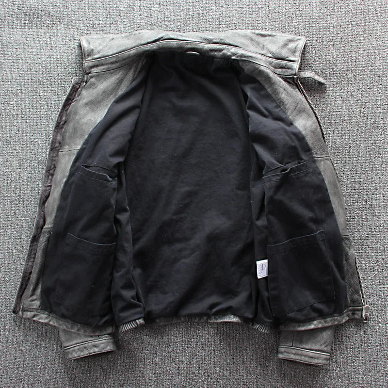 Men's gray genuine leather jacket with shirt collar, round hem, chest pocket, and color block pattern, sizes S-XXXXL.