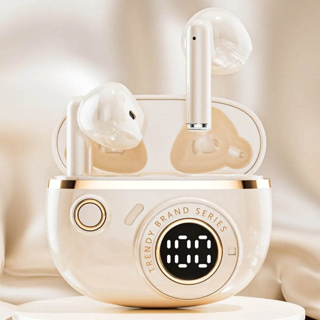 Simple Home J08C wireless Bluetooth headset in black with charging case and digital display, in-ear design
