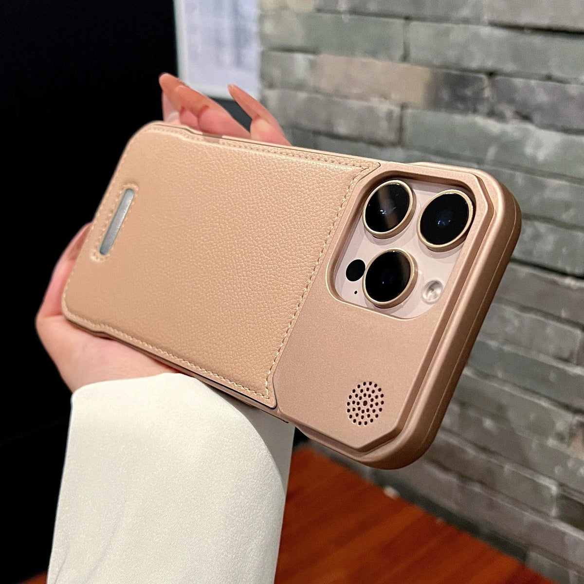 Aromatherapy leather magnetic phone case for iPhone, frameless hard PC cover in Black, Gray, Blue, Brown or Gold.