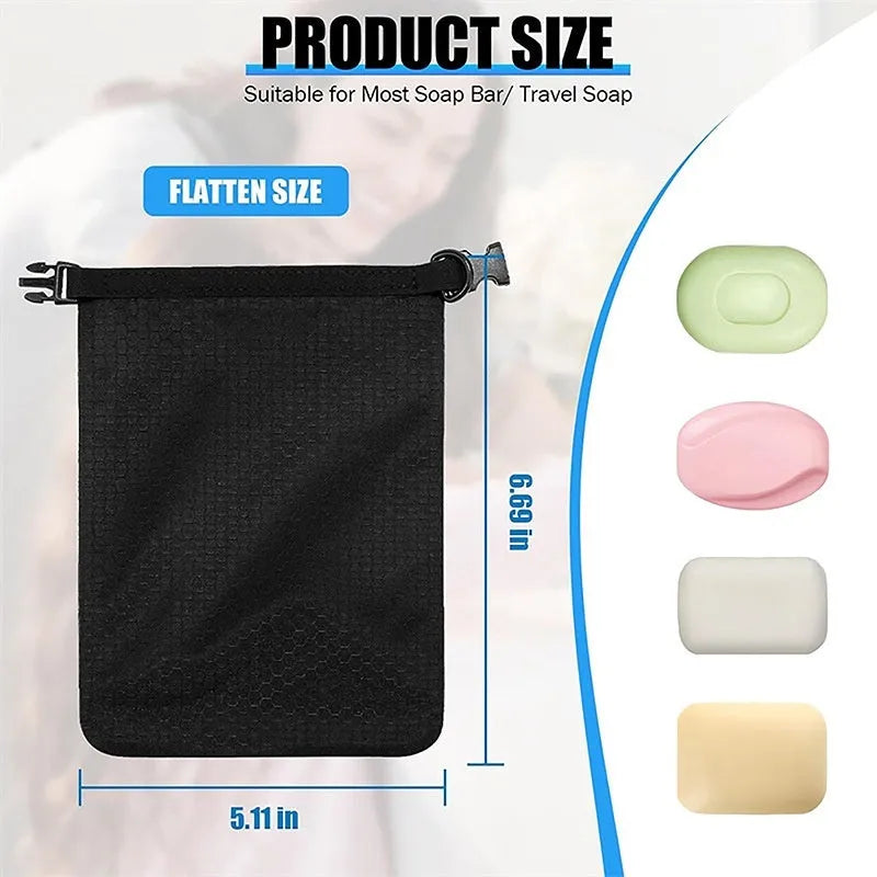 White plastic mesh soap bag with bubble net design, measuring 17 by 13 centimetres.