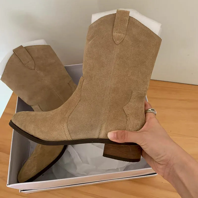 Khaki women's pointed toe chunky heel western cowboy boots with decorative stitching and square toe