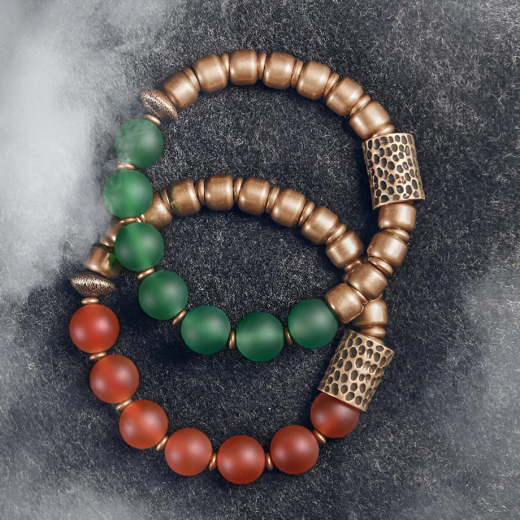 Retro ethnic couples bracelet made from natural green agate or red agate stone beads with men's and women's sizing