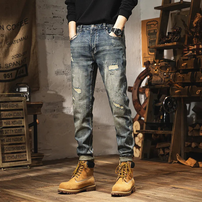 Men's vintage blue fleece-lined straight-leg jeans with drawstring closure and heavy washed denim