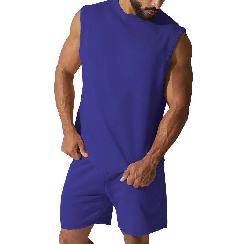 Men's sleeveless sports top and matching shorts casual set in cotton blend fabric