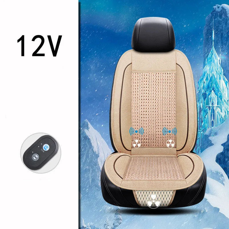 Black car ventilation seat cushion with power cord on car seat measuring 60 by 60 centimetres