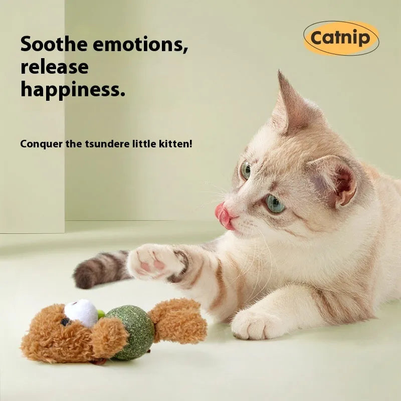 Brown bear plush cat toy with a catnip ball and bell inside on a white background.