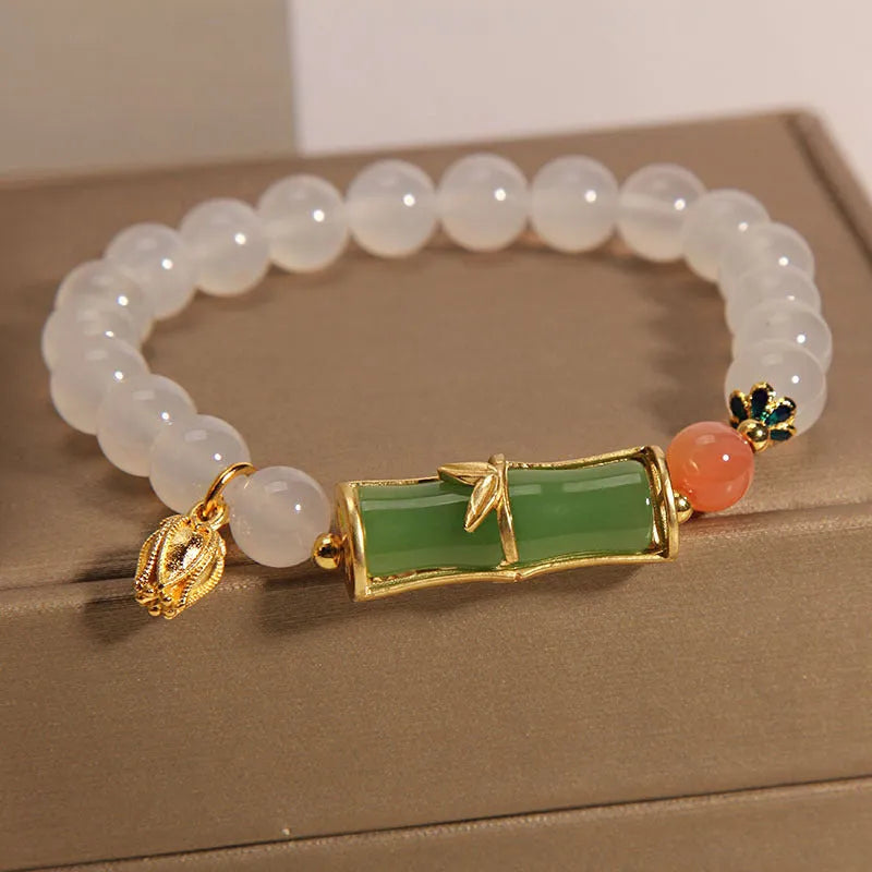 Chinese style bamboo beaded bracelet for women in white agate and jade with retro design