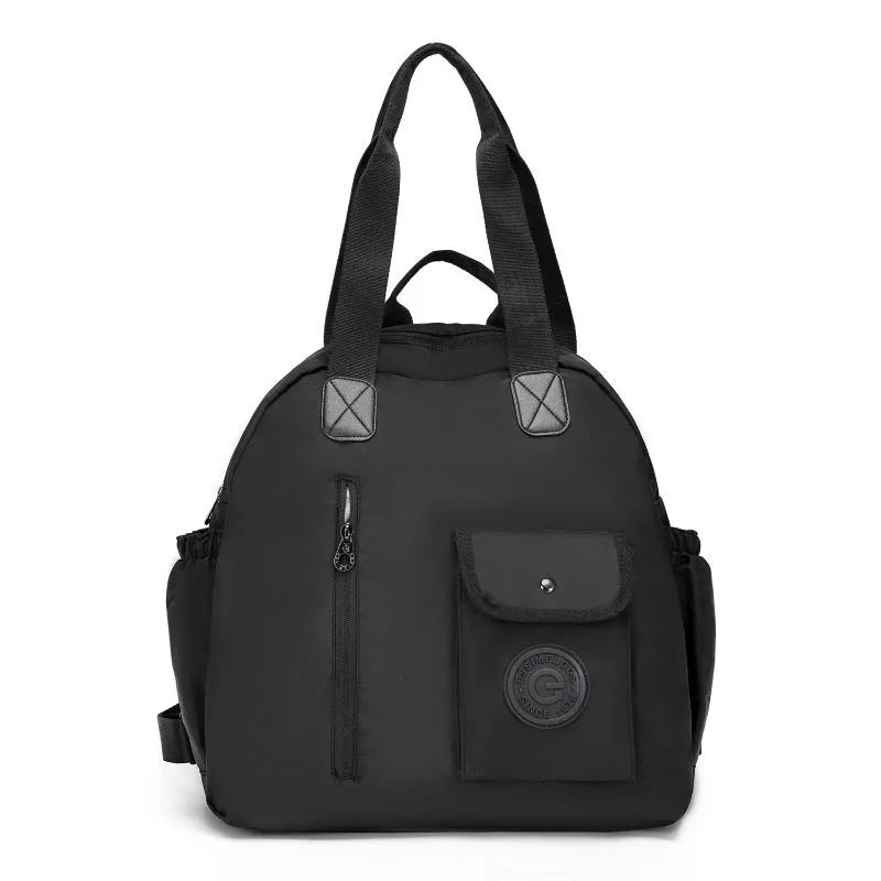 Large capacity nylon backpack with sandwich pocket in black, khaki, or green colours