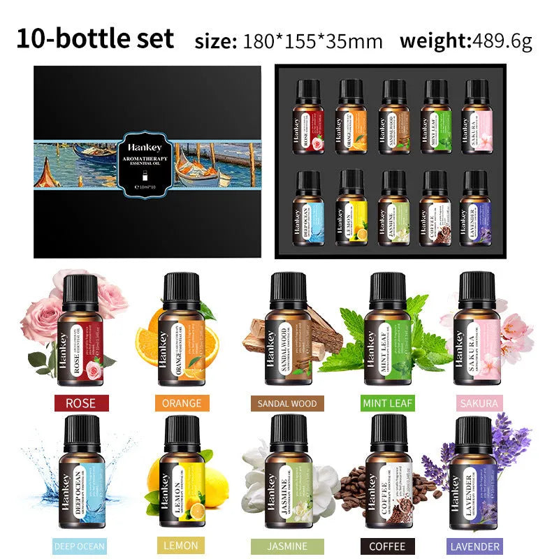 Water-soluble aromatherapy essential oil sets in boxed packaging showing lavender, eucalyptus and lemongrass bottles