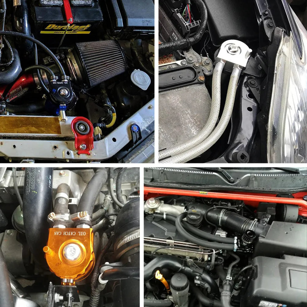 Aluminium alloy car engine oil breathable pot air filter in red, blue, black, and silver colours.