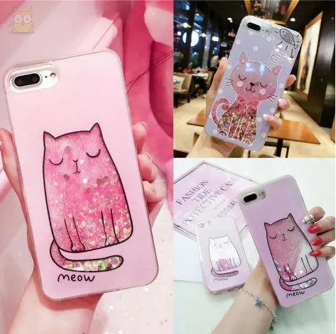 Four colourful cat phone cases with glitter for iPhone models 6 to X
