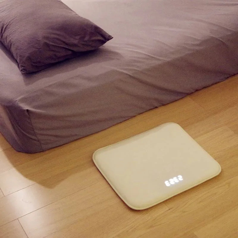 Smart carpet mat alarm clock with 20mm thick velvet cloth shell, showing the mat and control panel