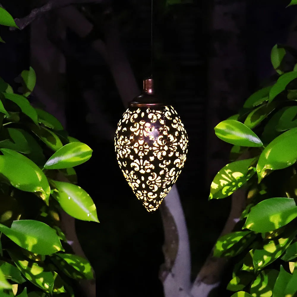 Outdoor solar hollow lamp with iron construction, warm white LED, IP55 waterproof, 60 cm height