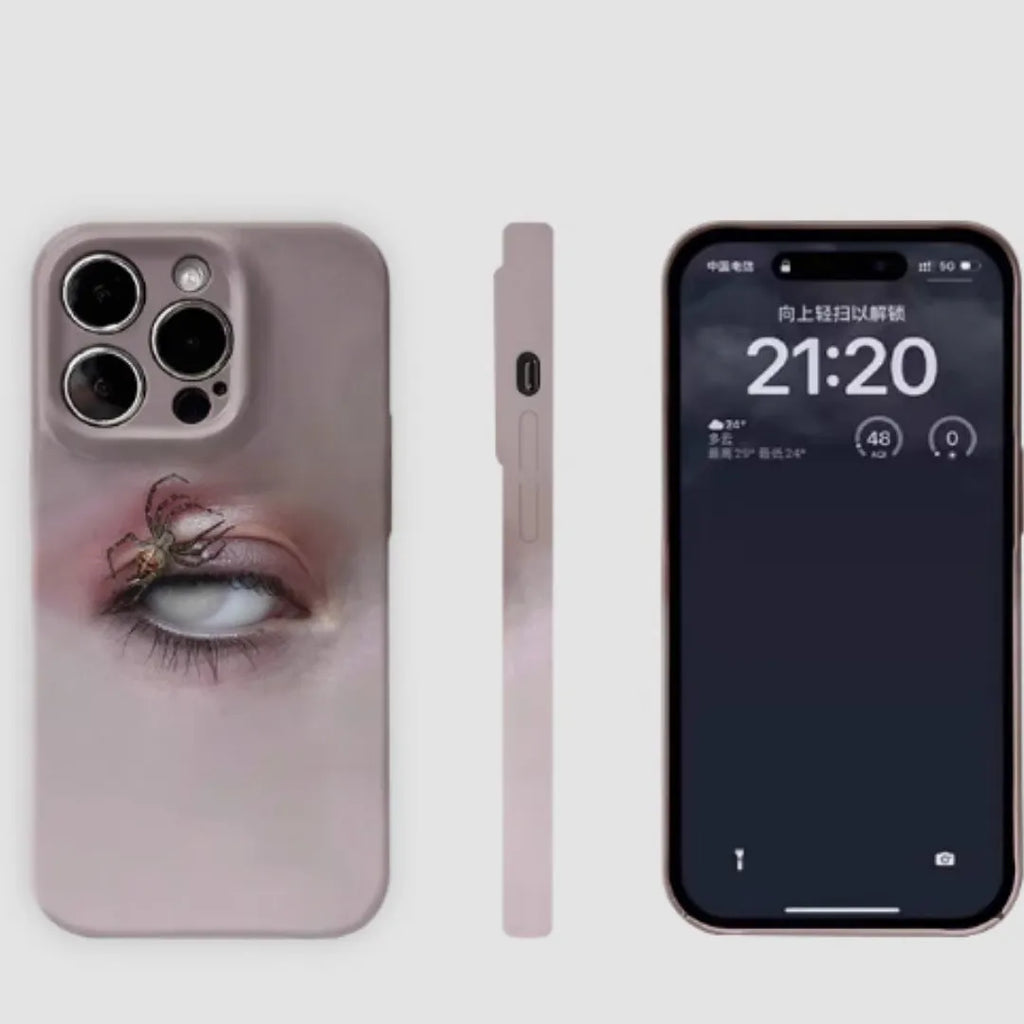 Dark heterochromatic spider pattern resin phone case for iPhone 15 Pro Max with frosted finish.