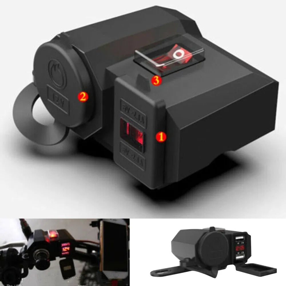 Black motorcycle USB waterproof charger with voltmeter and dual ports for handlebar or rearview mirror mounting