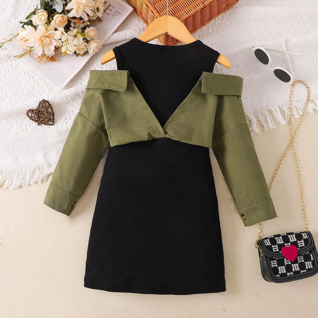 Children's off-shoulder long sleeve dress in military green cotton fabric, pullover style, suitable for ages 4 to 7 years