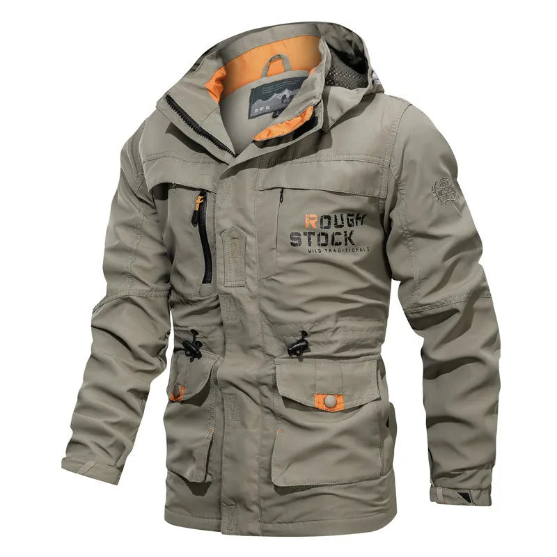 Men's casual outdoor hooded plus size jacket with letter print, stand-up collar, and loose fit in polyester
