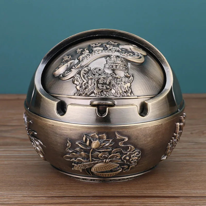 XL decorative alloy ashtray with smoke slot in bronze finish showing dragon and phoenix design