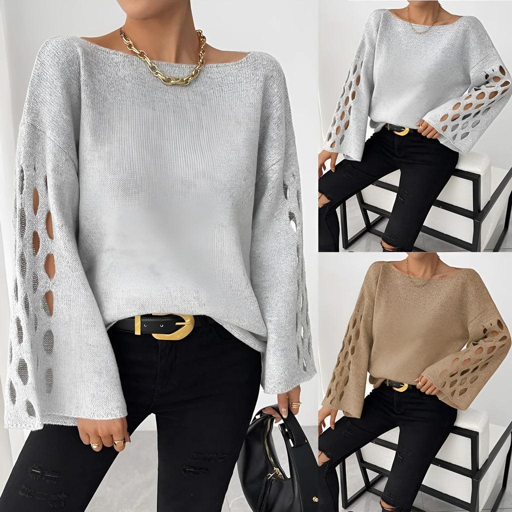 Women's solid color round neck long sleeve hollow sweater pullover in gray, front view
