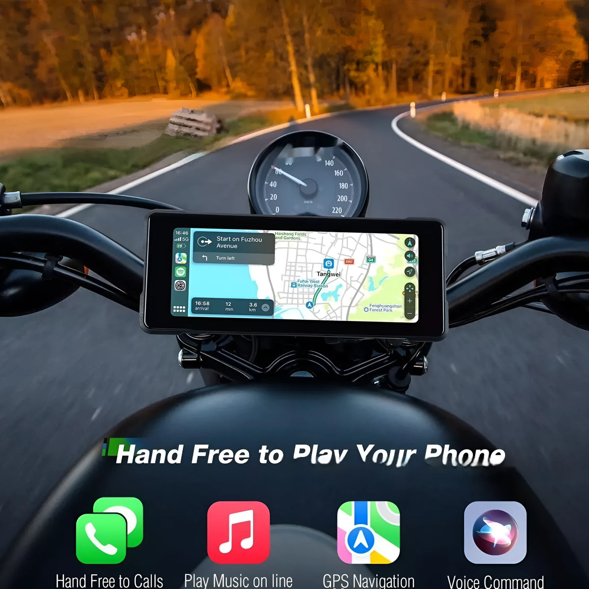 6.86-inch motorcycle CarPlay screen with dual lens driving recorder, IP68 waterproof, touch display