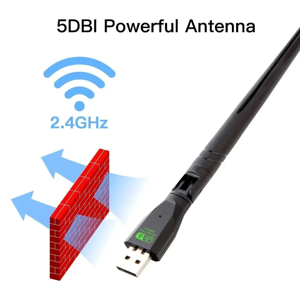 Black USB WiFi 6 wireless network card for desktop and laptop computers.