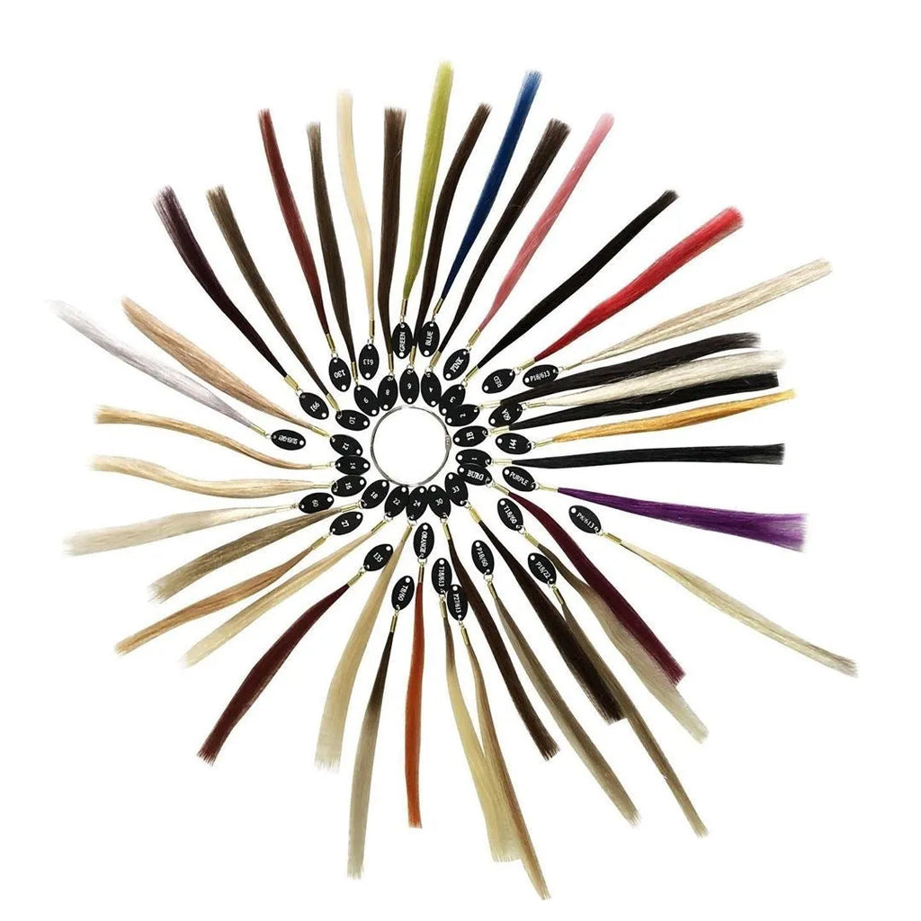 Hand-woven human hair colour board with 48 colour strands for salon colour matching
