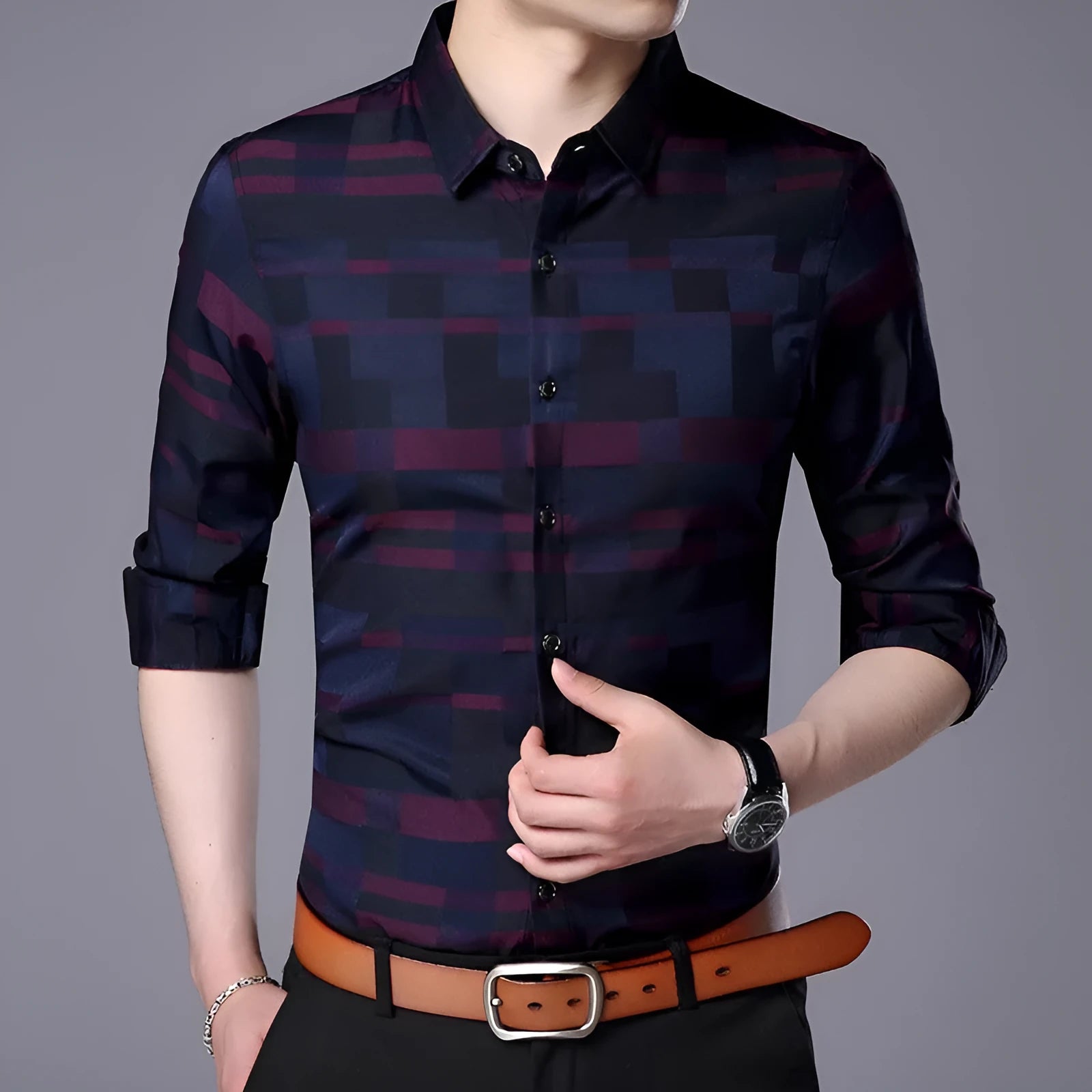 Men's cotton blend business casual shirt in blue, long sleeves, button-down front.