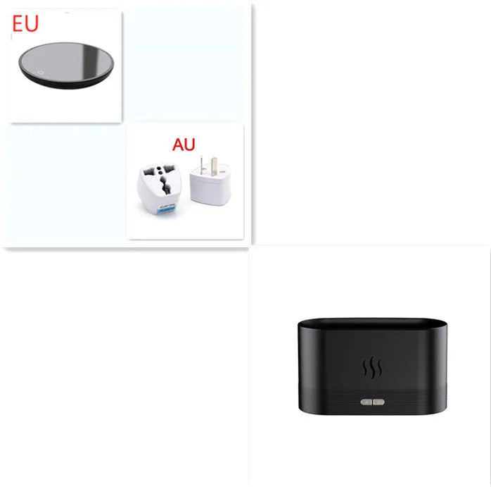 Square black ultrasonic aroma diffuser with flame light effect and mist output