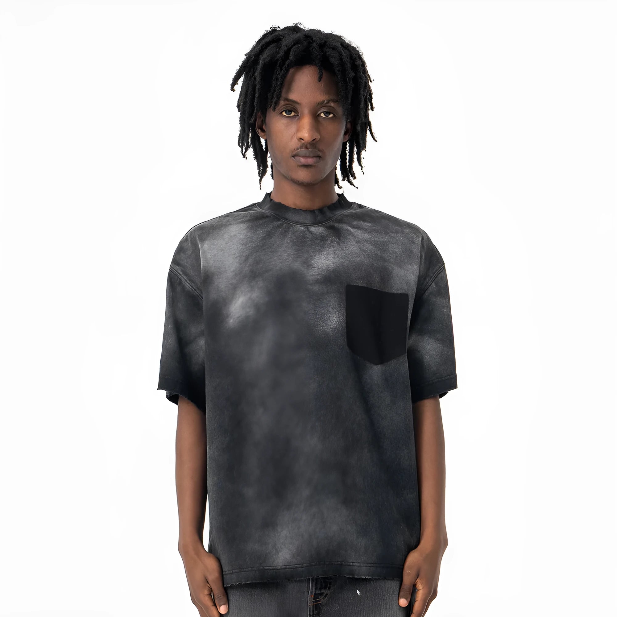 Black men's loose fit cotton t-shirt with printed letter pattern and drop shoulder sleeves