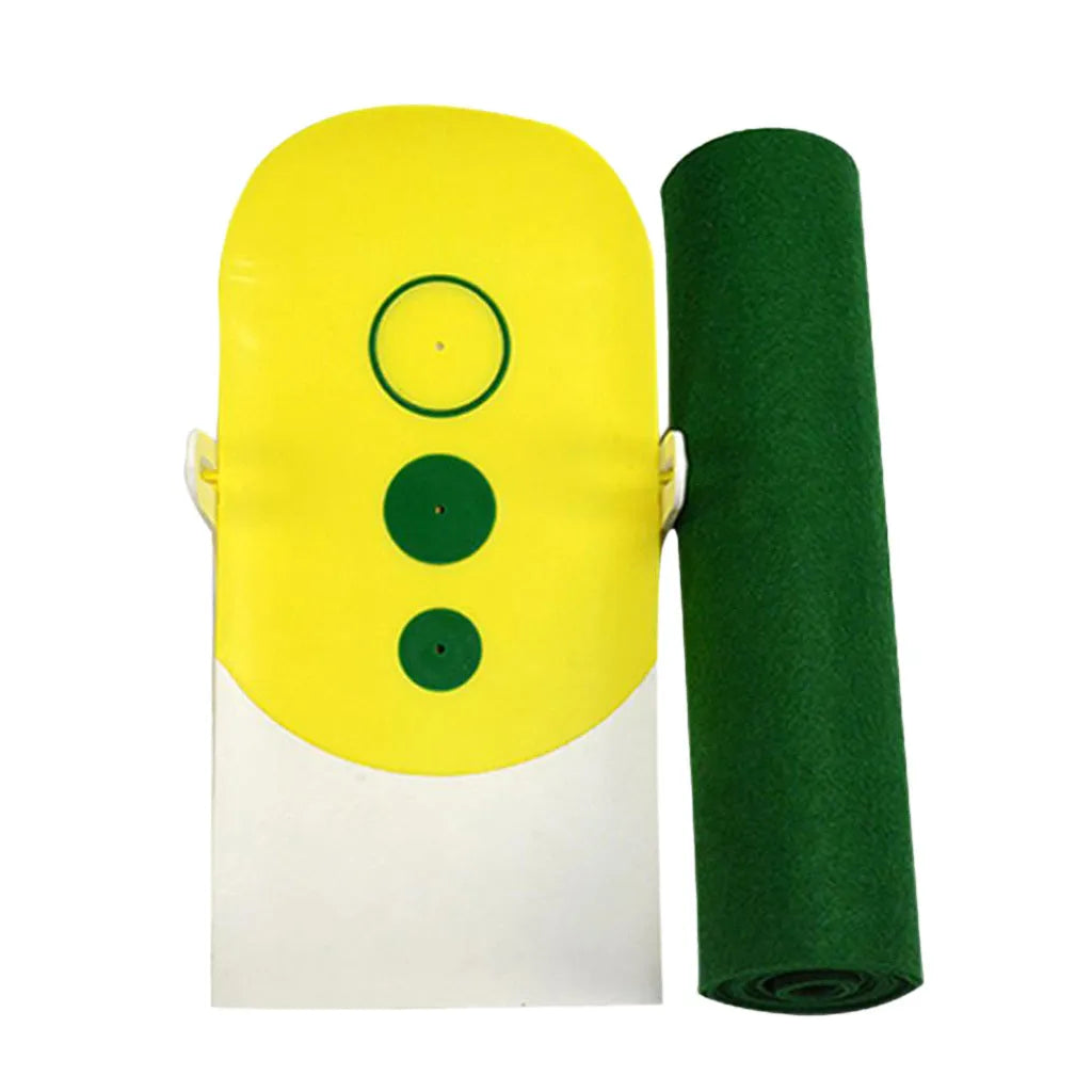Precision putter exerciser with 230cm non-woven green putting mat and simulator unit on a living room floor