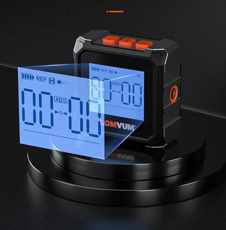 Longyun digital inclinometer with laser, showing backlit display and magnetic strips on alloy casing.
