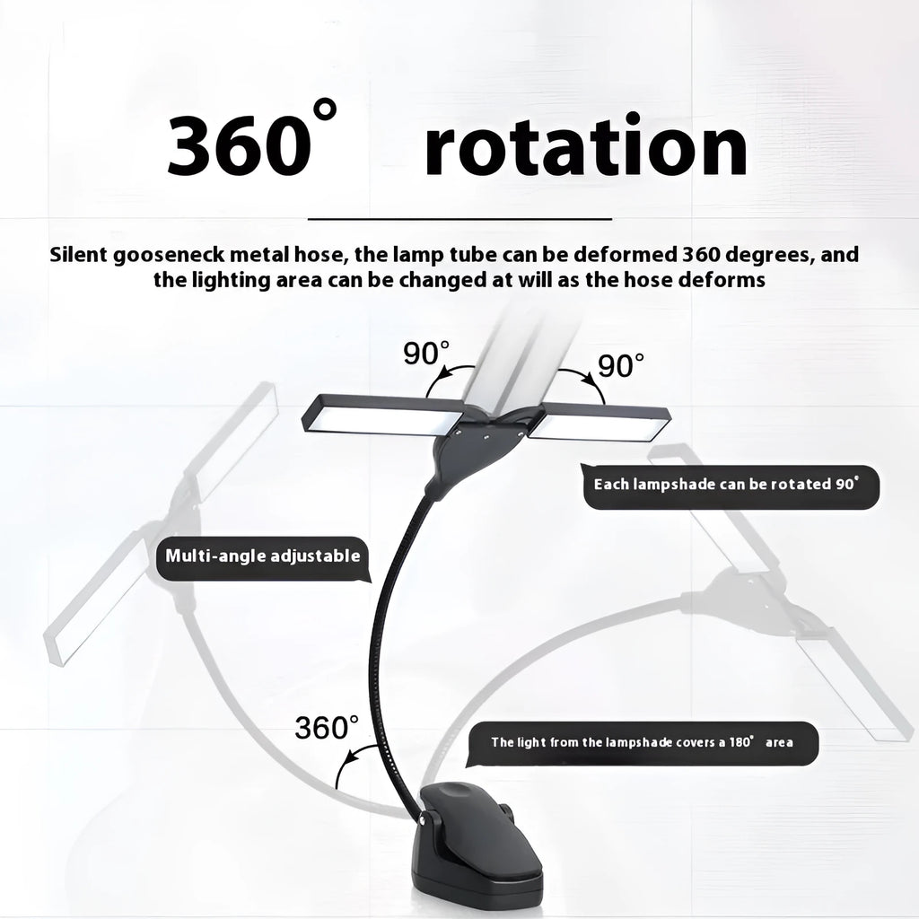 Black rechargeable music stand lamp with 28 LED bulbs lit up on a music stand.