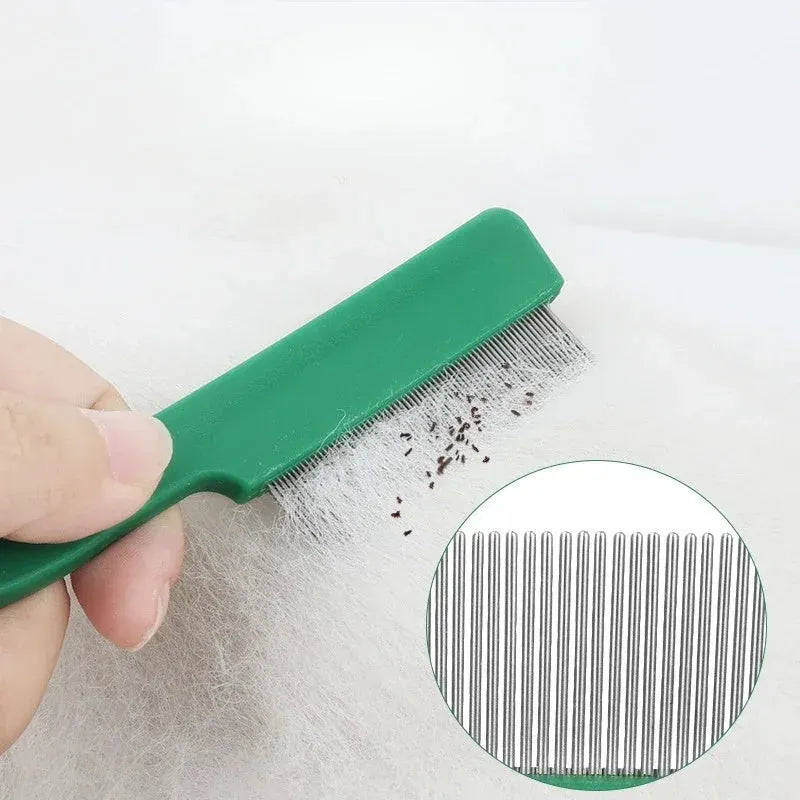 Green plastic-handled stainless steel pet flea comb for dog and cat grooming measuring 129mm