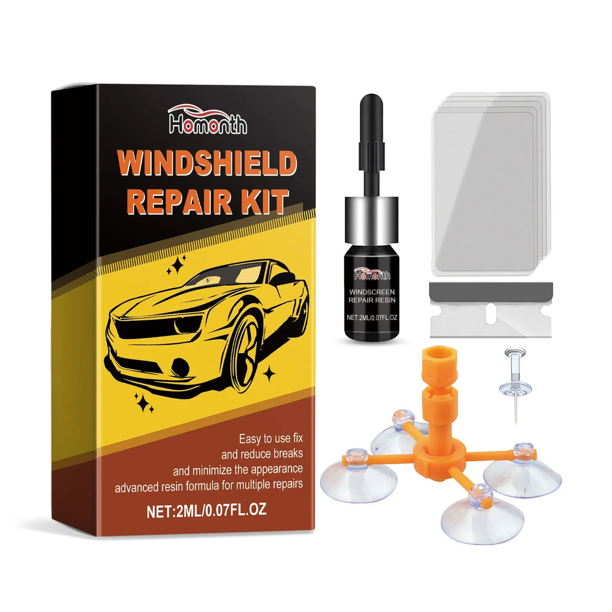 Windshield repair suit with 2ml fluid, bracket, blade, curing films, and teasing needle for car windscreen chip repair