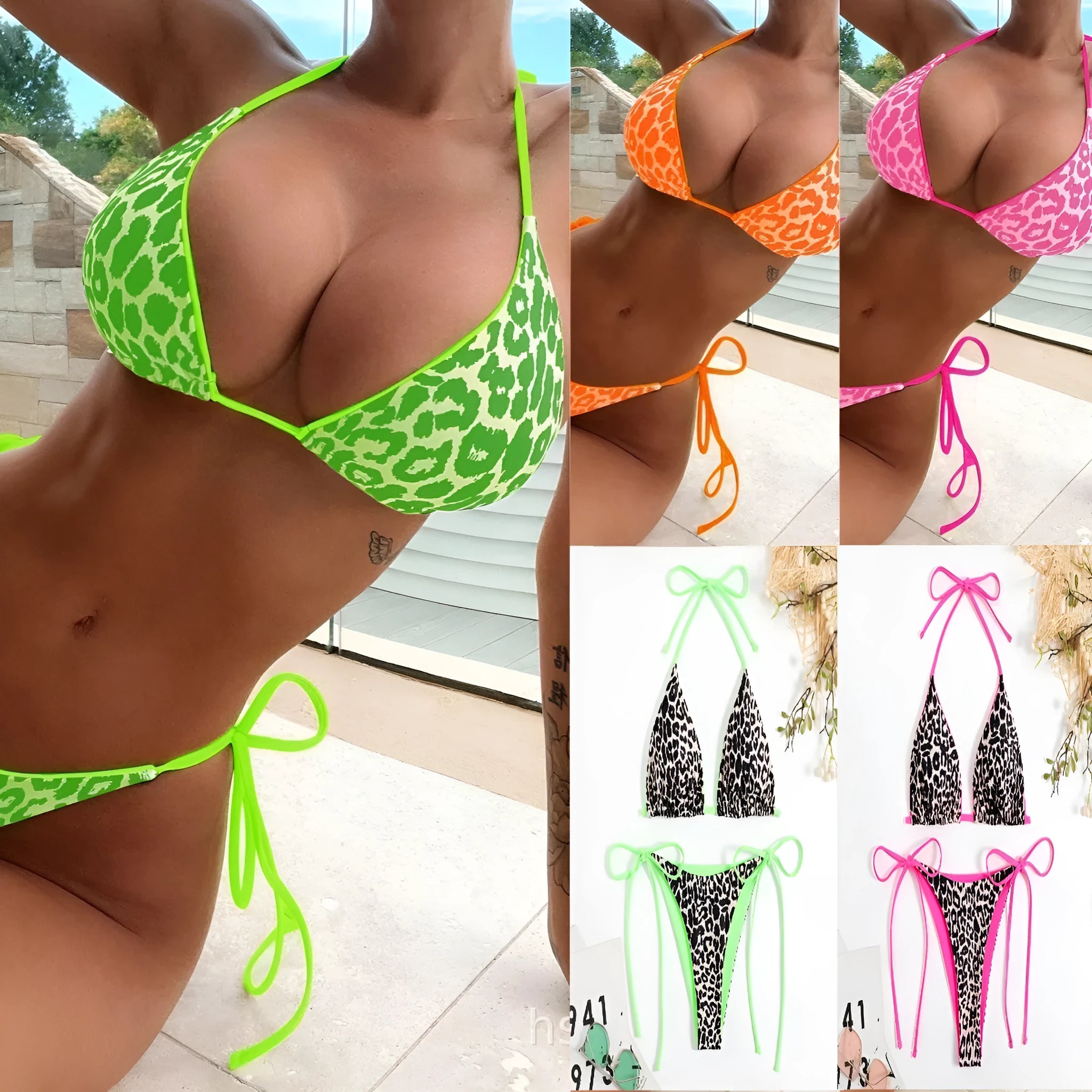 Women's lace-up front triangle bikini set in polyester fabric showing adjustable fastening