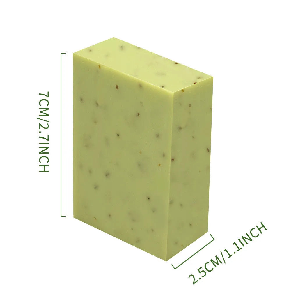 Handmade essential oil soap bar in frosted bathing format with natural scent options including coconut, green tea, lavender, and rose variants