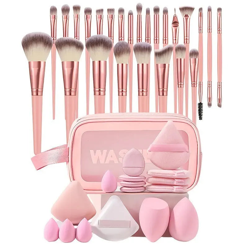 Hydrophilic non-latex beauty tool set with brown, pink, and purple makeup applicators
