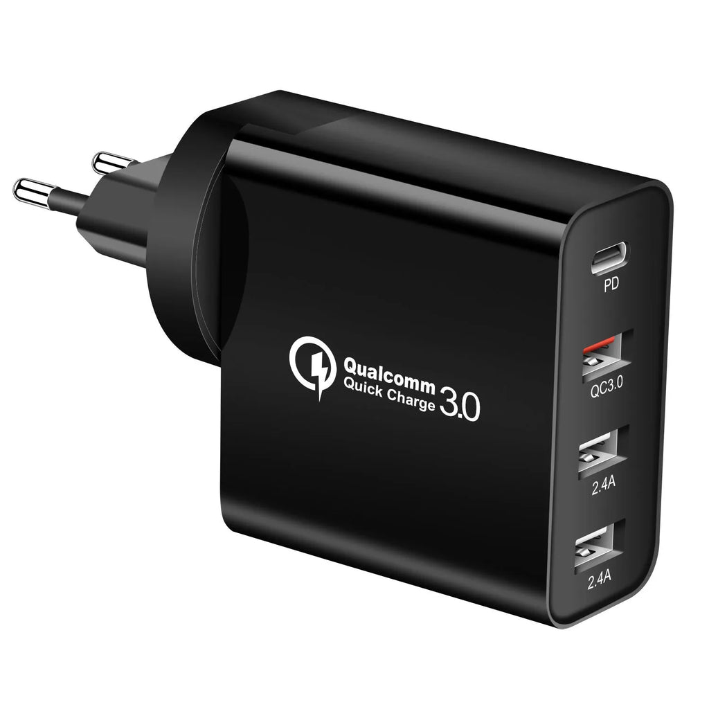 Black and white 48W four-port USB-C wall charger with LED light and regional plug.