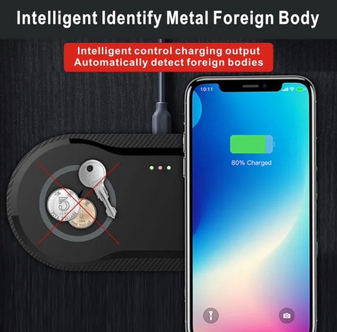 Black and white dual wireless charging pad charging two smartphones simultaneously