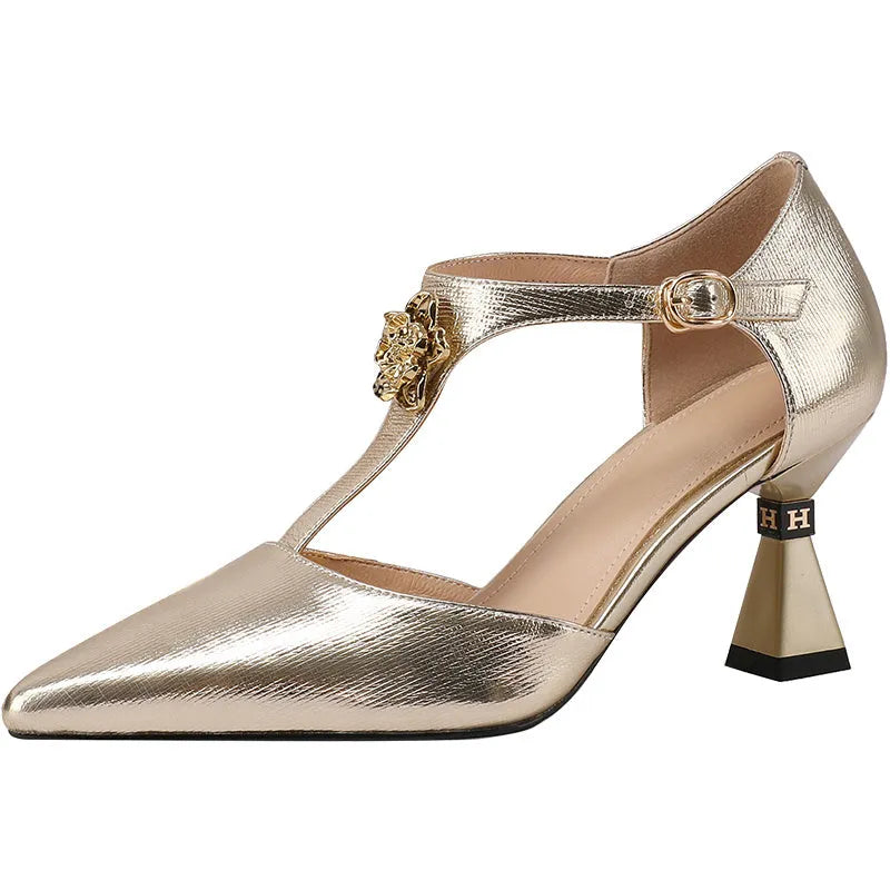 Women's gold and silver hollowed sandals with pointed toe and cowhide leather upper