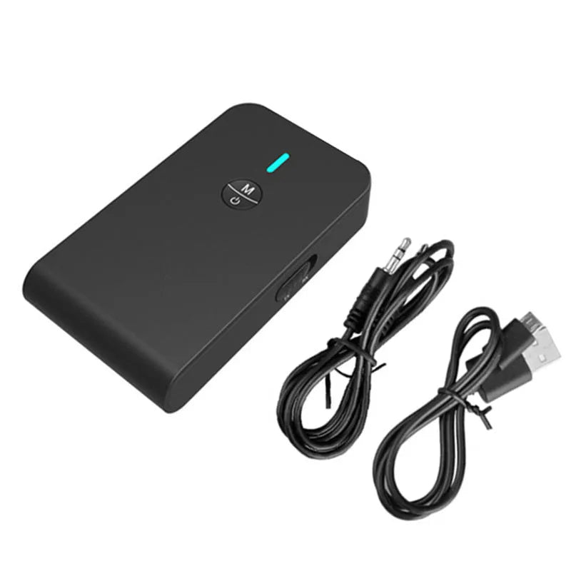 Black Bluetooth 5.0 audio adapter with 3.5mm plug and external power supply